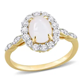 1 1/2 CT TGW Oval Shape Opal and White Topaz and Diamond Accent Halo Ring in 14K Yellow Gold