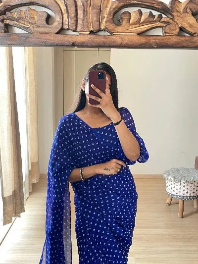 1 Min Royal Blue Polka Dot Stitched Readymade Sari