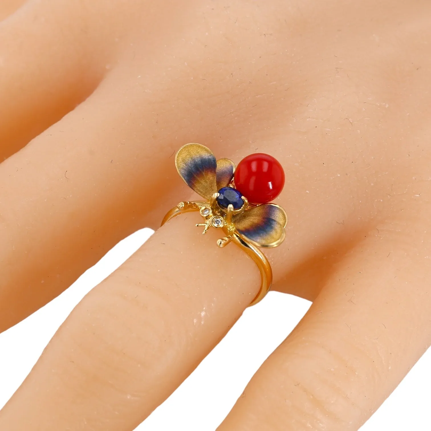 18k yellow gold handmade paint red coral blue sapphire and diamonds eyes exotic bee ring especial edition-32123