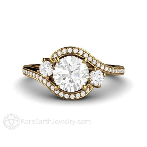 1ct Diamond Engagement Ring 3 Stone Bypass Vintage Style Halo