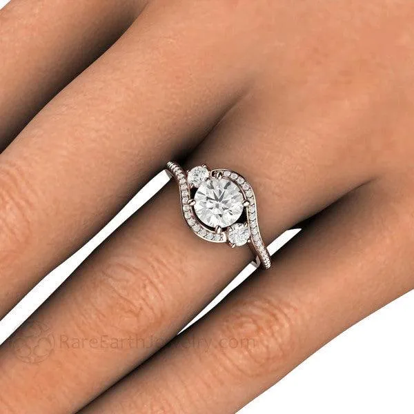 1ct Diamond Engagement Ring 3 Stone Bypass Vintage Style Halo