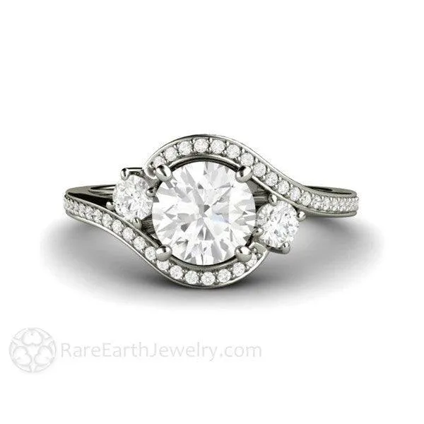 1ct Diamond Engagement Ring 3 Stone Bypass Vintage Style Halo