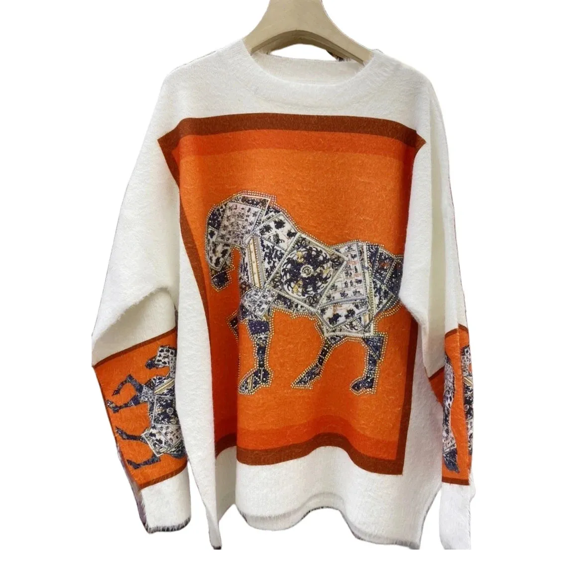 2024 Plus Size Rhinestone Imitation Wool Horse Luxury Brand Design Knit Pullover Sweater For Women Pull Top Knitwear Clothing