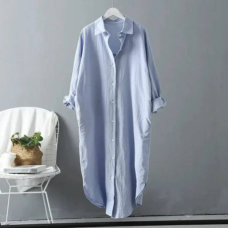 2024 Spring Casual Women's Blouses Korean Clothing Autumn Vintage Linen Cotton Mid-Length White Shirt Dress For Female Chic Tops