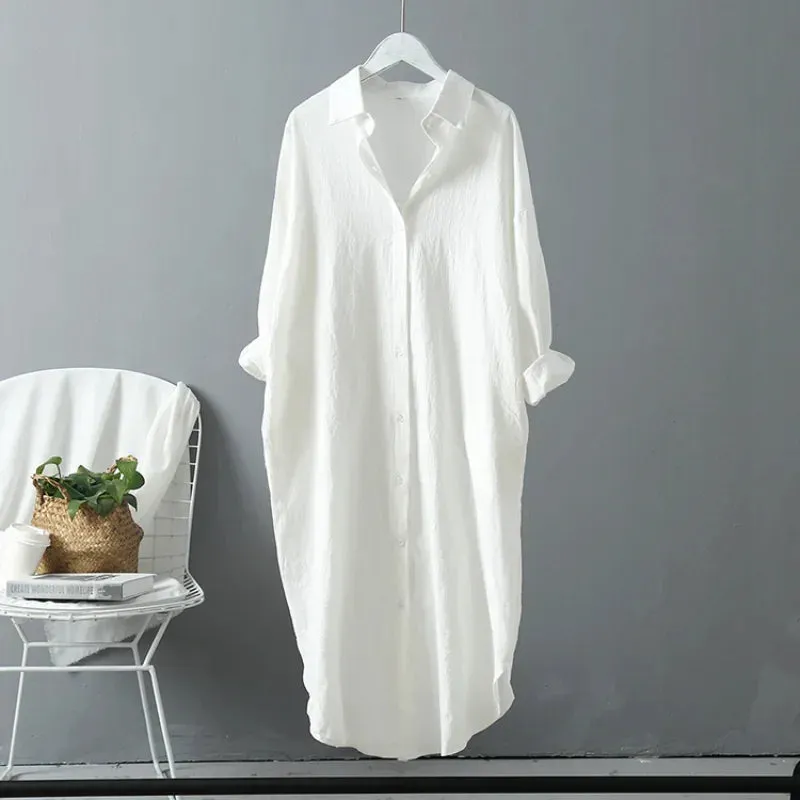 2024 Spring Casual Women's Blouses Korean Clothing Autumn Vintage Linen Cotton Mid-Length White Shirt Dress For Female Chic Tops