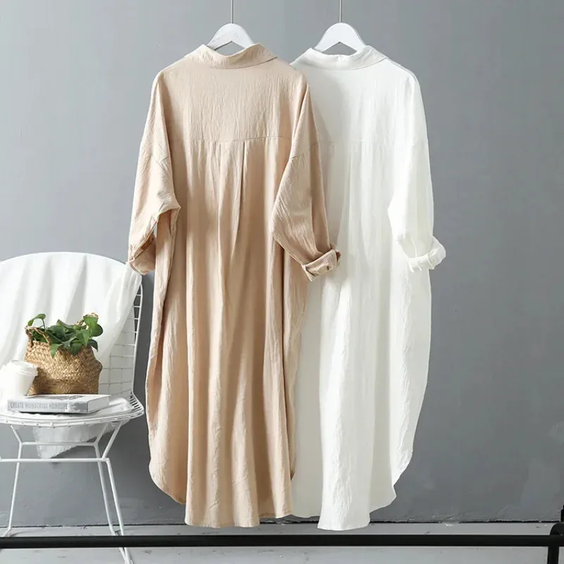 2024 Spring Casual Women's Blouses Korean Clothing Autumn Vintage Linen Cotton Mid-Length White Shirt Dress For Female Chic Tops