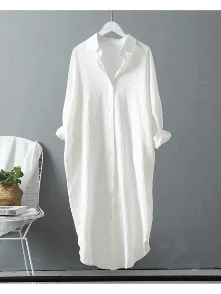 2024 Spring Casual Women's Blouses Korean Clothing Autumn Vintage Linen Cotton Mid-Length White Shirt Dress For Female Chic Tops