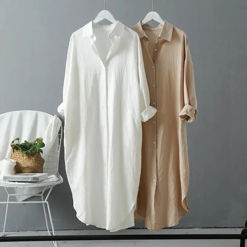 2024 Spring Casual Women's Blouses Korean Clothing Autumn Vintage Linen Cotton Mid-Length White Shirt Dress For Female Chic Tops