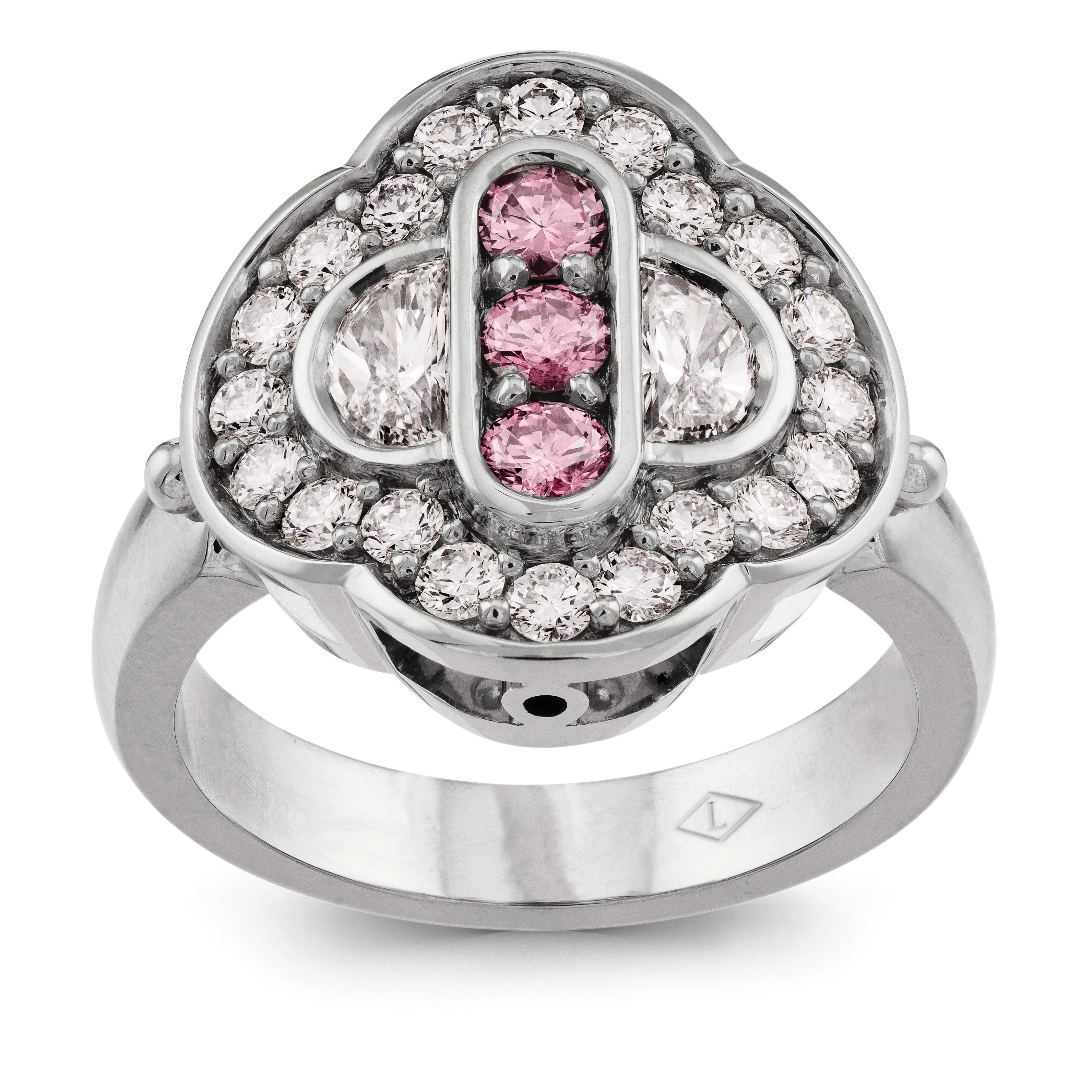 3 Round Pink and White Diamond Ring