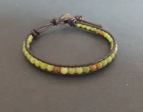 4 mm Lemon Jade Brown Leather Wrap Bracelet Anklet, Leather Bracelet, Beaded Bracelet, Women Anklet , Unisex Bracelet,Men Bracelet