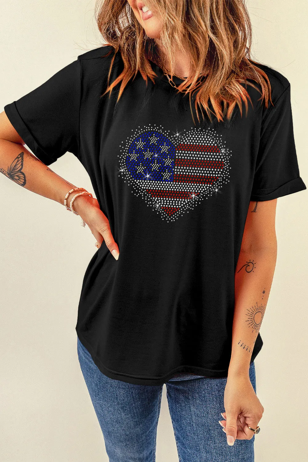 American Flag Rhinestone Heart Round Neck Short Sleeve T-Shirt