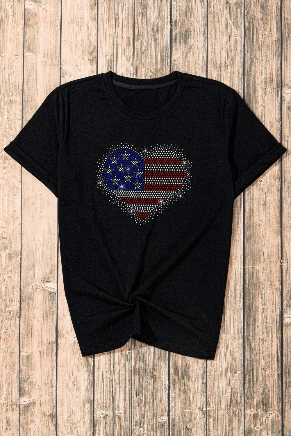 American Flag Rhinestone Heart Round Neck Short Sleeve T-Shirt