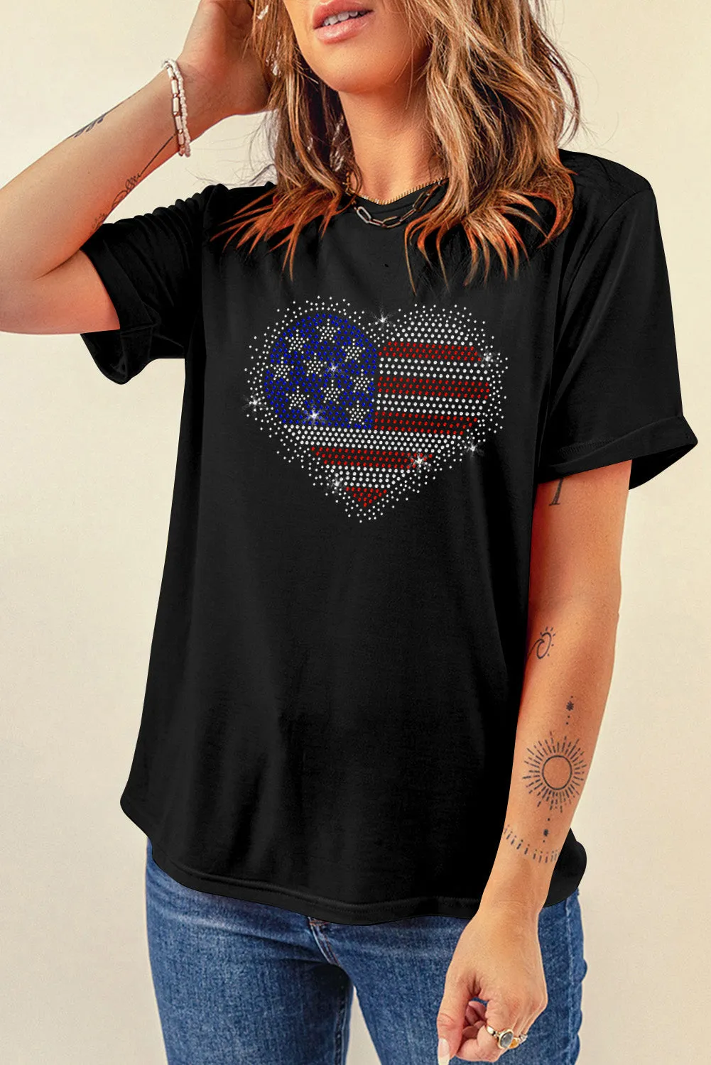 American Flag Rhinestone Heart Round Neck Short Sleeve T-Shirt