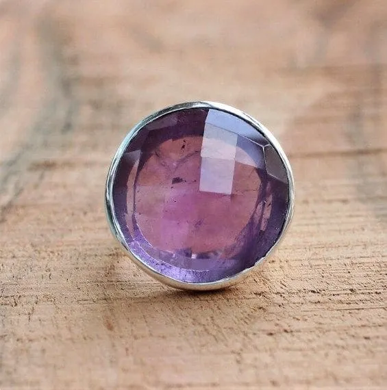 Amethyst 925 Sterling Silver Handmade Checkered Cut Gemstone Ring