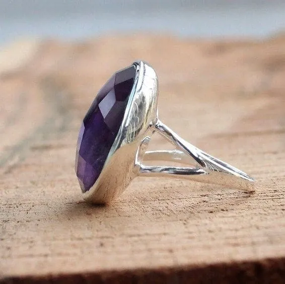 Amethyst 925 Sterling Silver Handmade Checkered Cut Gemstone Ring