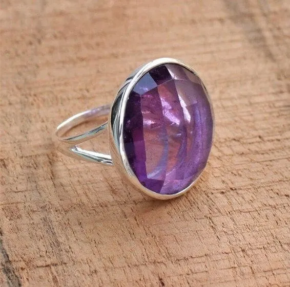 Amethyst 925 Sterling Silver Handmade Checkered Cut Gemstone Ring