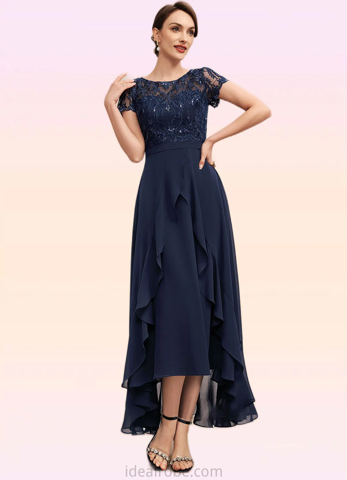 Aria A-Line Scoop Neck Asymmetrical Chiffon Lace Mother of the Bride Dress With Sequins Bow(s) Cascading Ruffles STK126P0014530