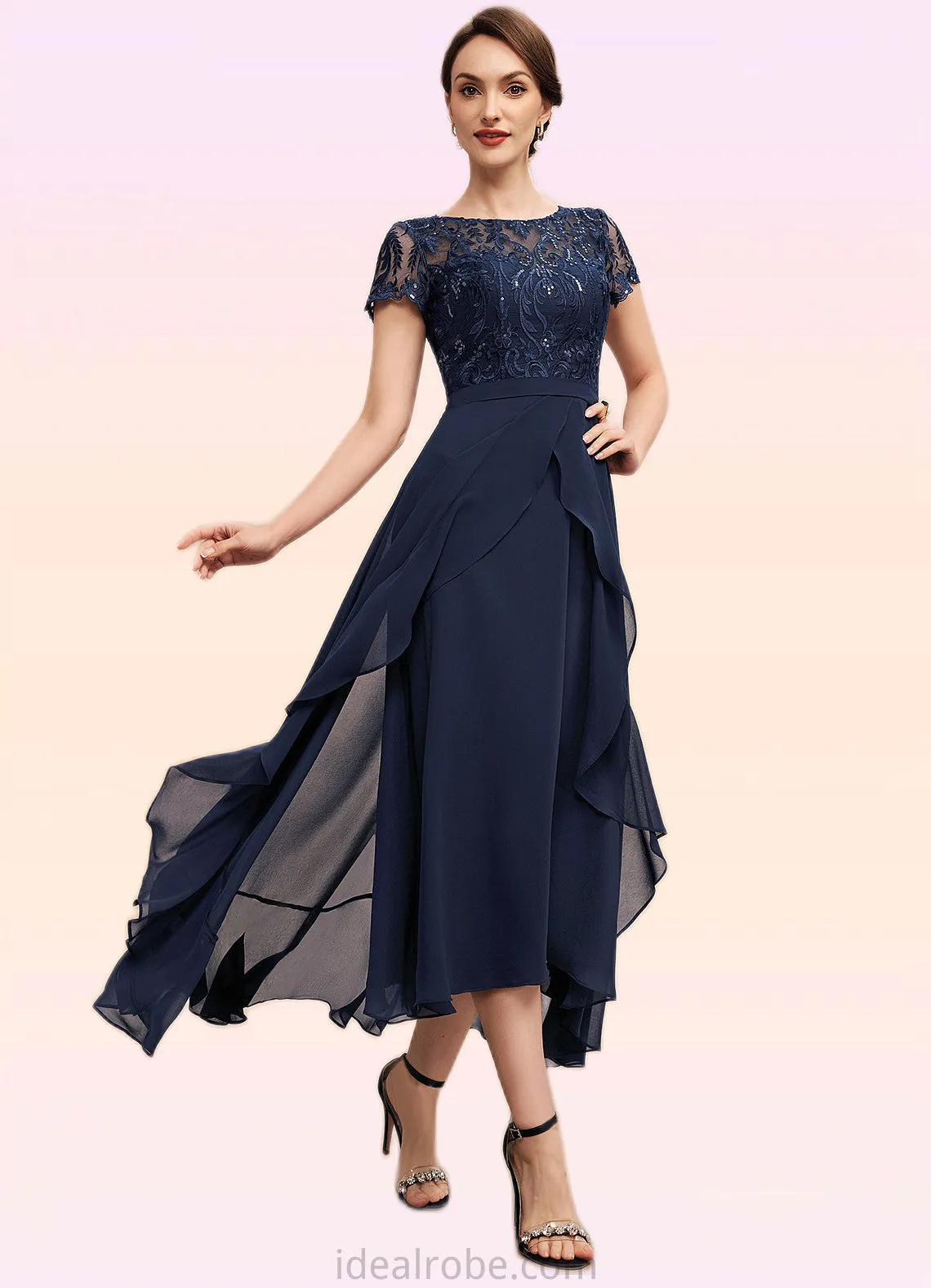 Aria A-Line Scoop Neck Asymmetrical Chiffon Lace Mother of the Bride Dress With Sequins Bow(s) Cascading Ruffles STK126P0014530