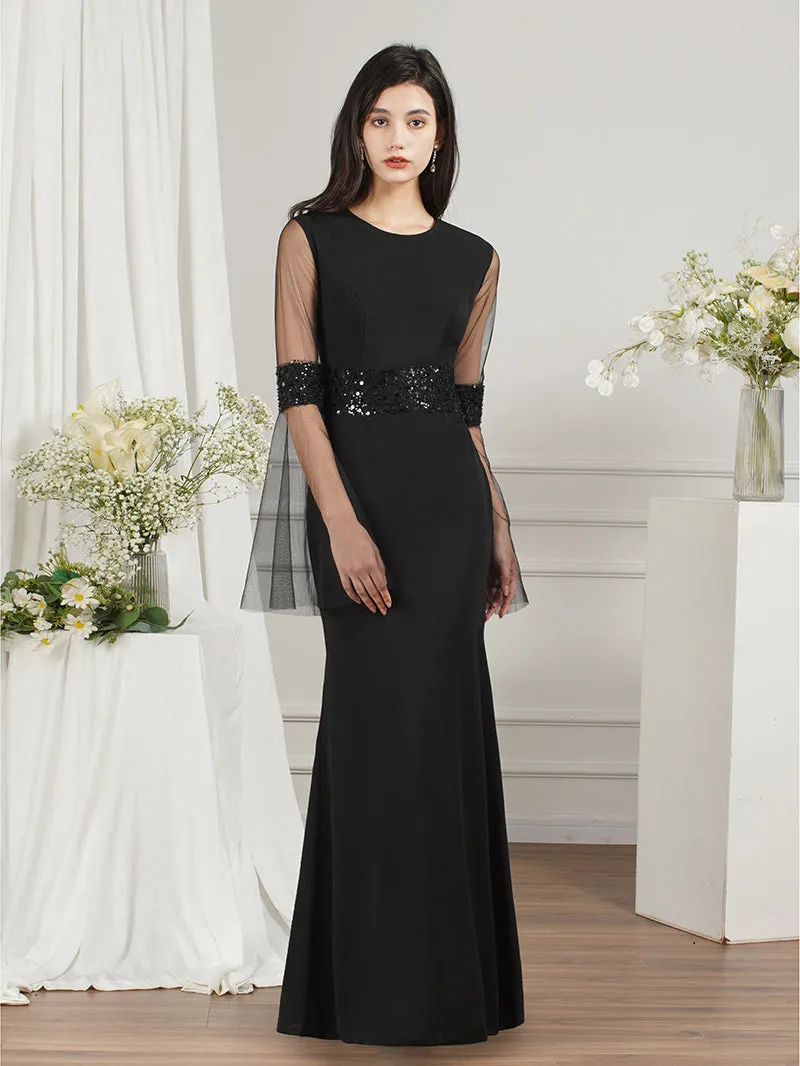 Biztunnel Black Long Mermaid Satin Formal Prom Dresses with Sleeves