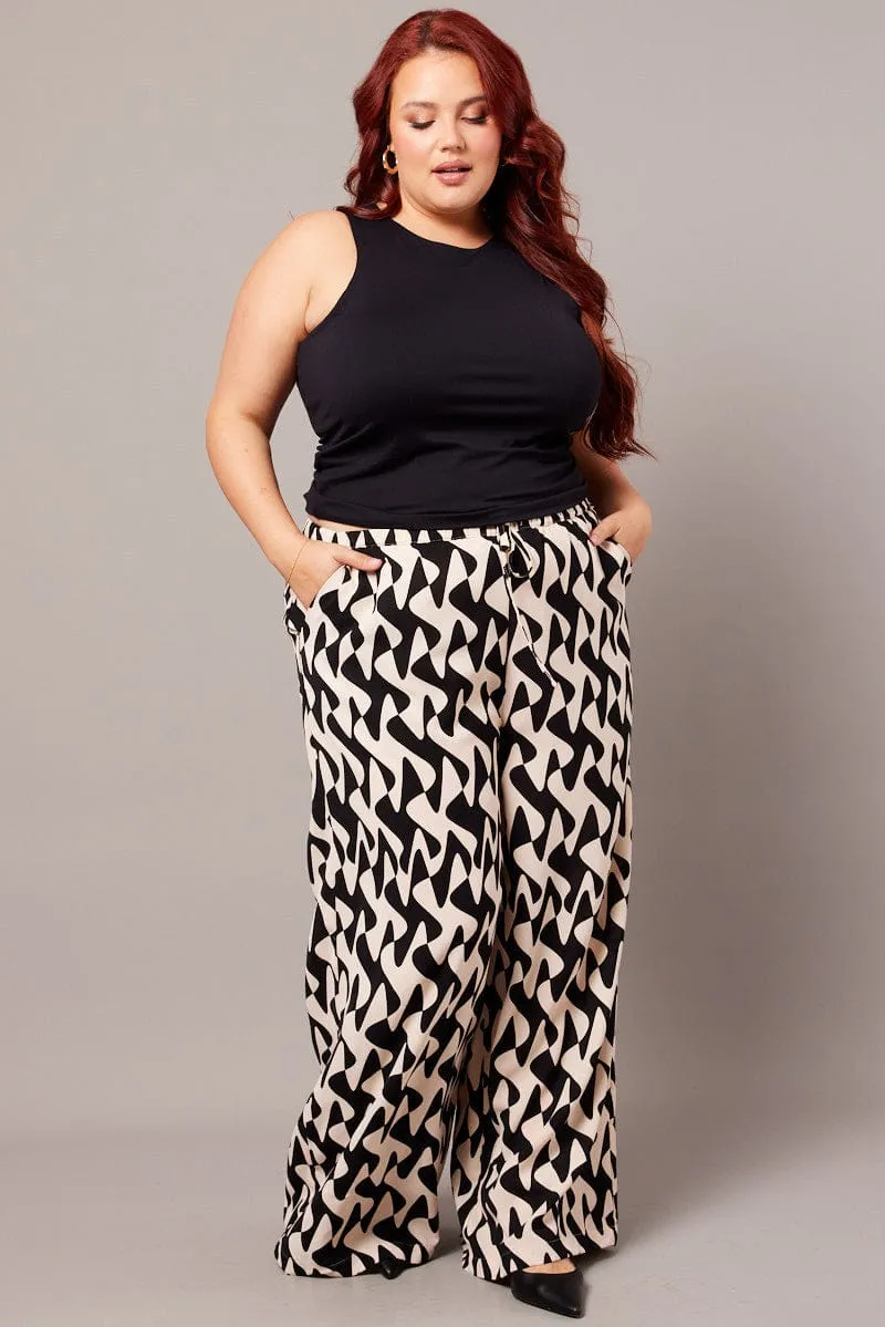 Black Abstract Wide Leg Pants High Rise