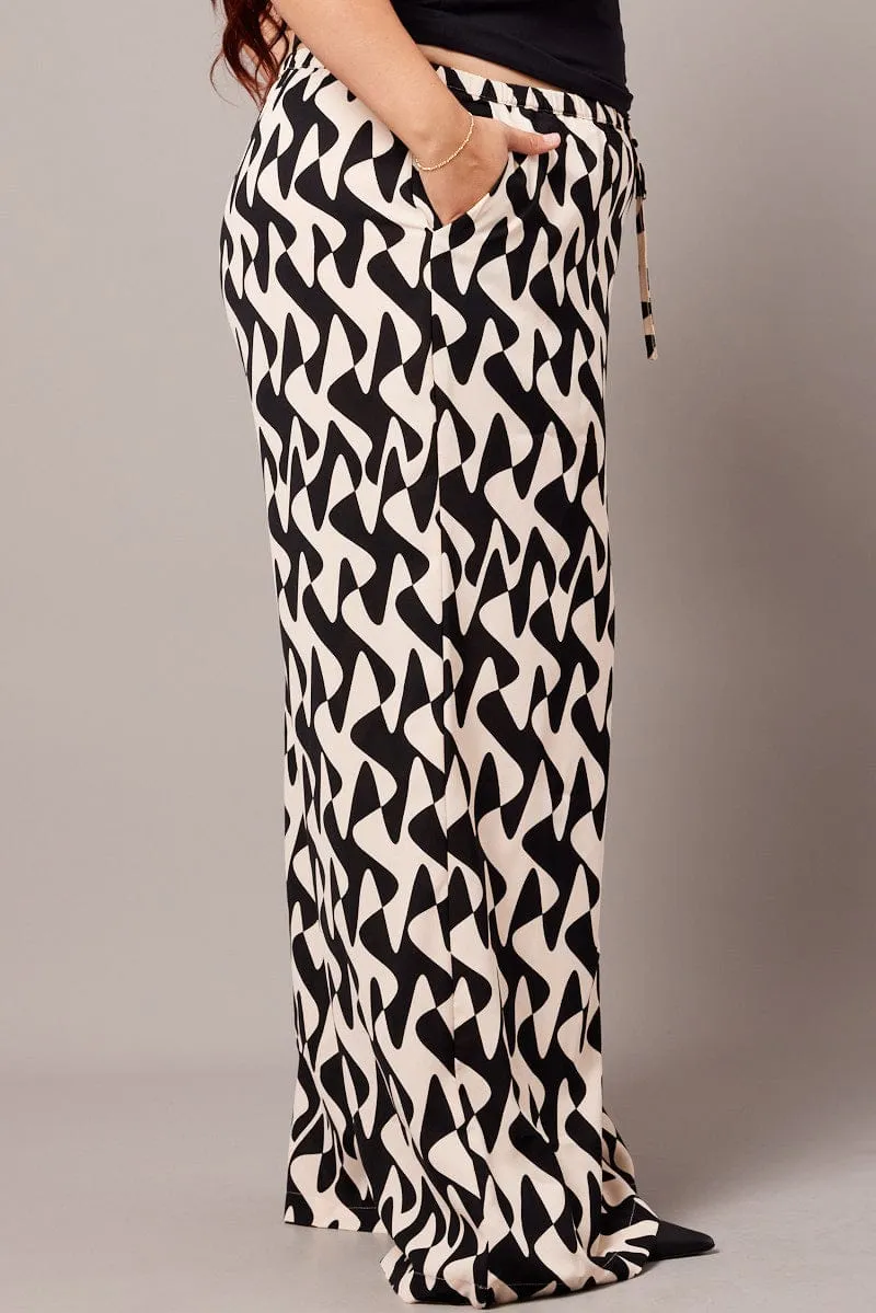 Black Abstract Wide Leg Pants High Rise