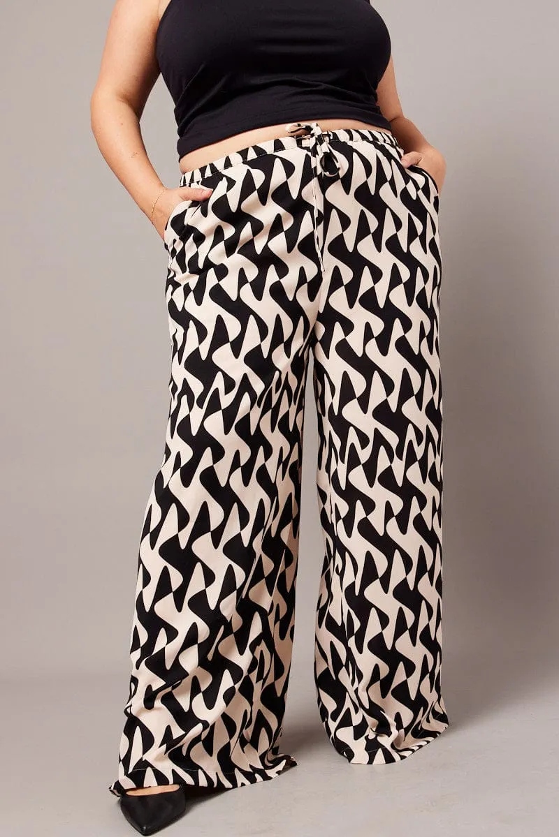 Black Abstract Wide Leg Pants High Rise