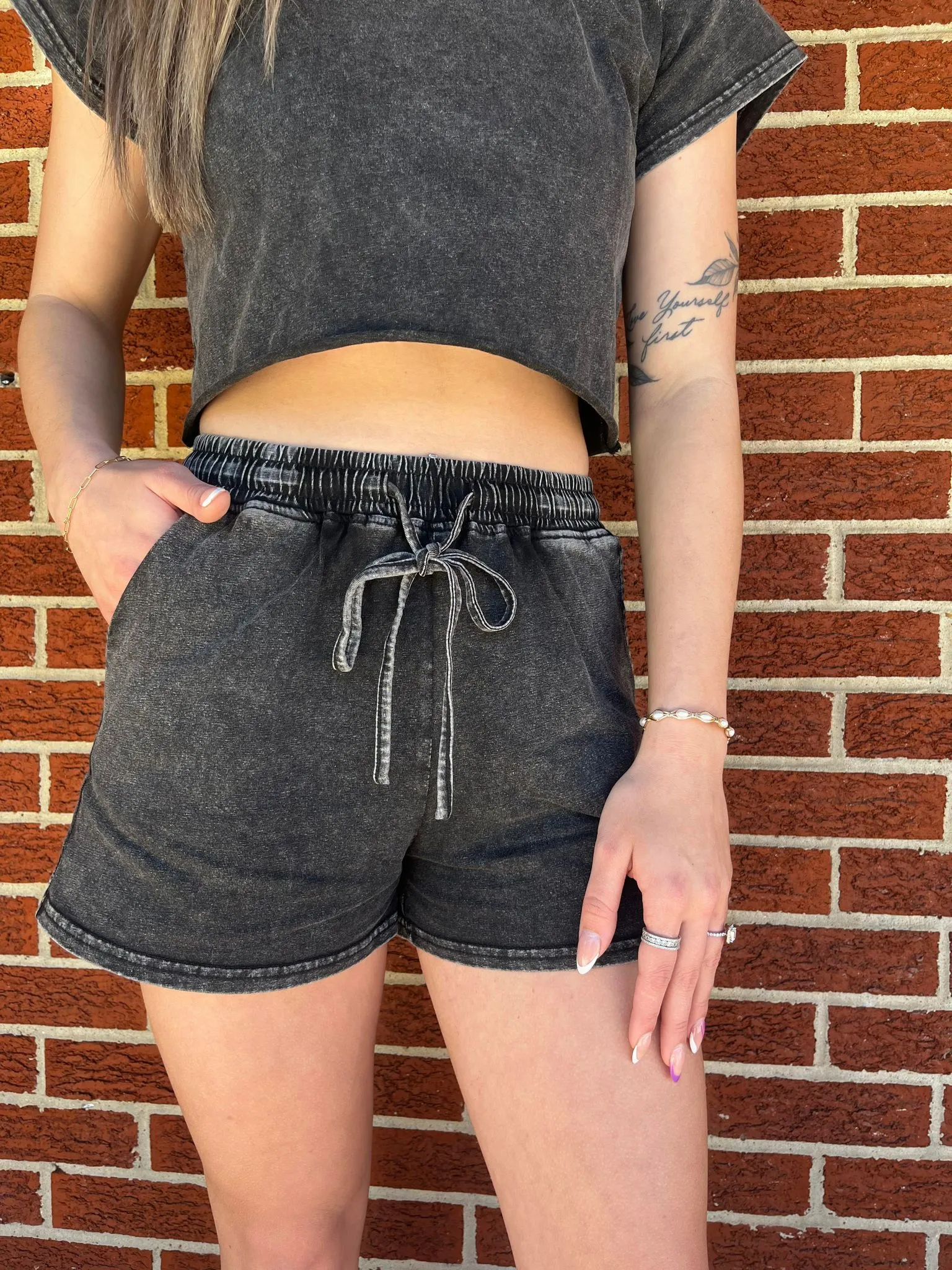 Black Acid Washed Short Lounge Set