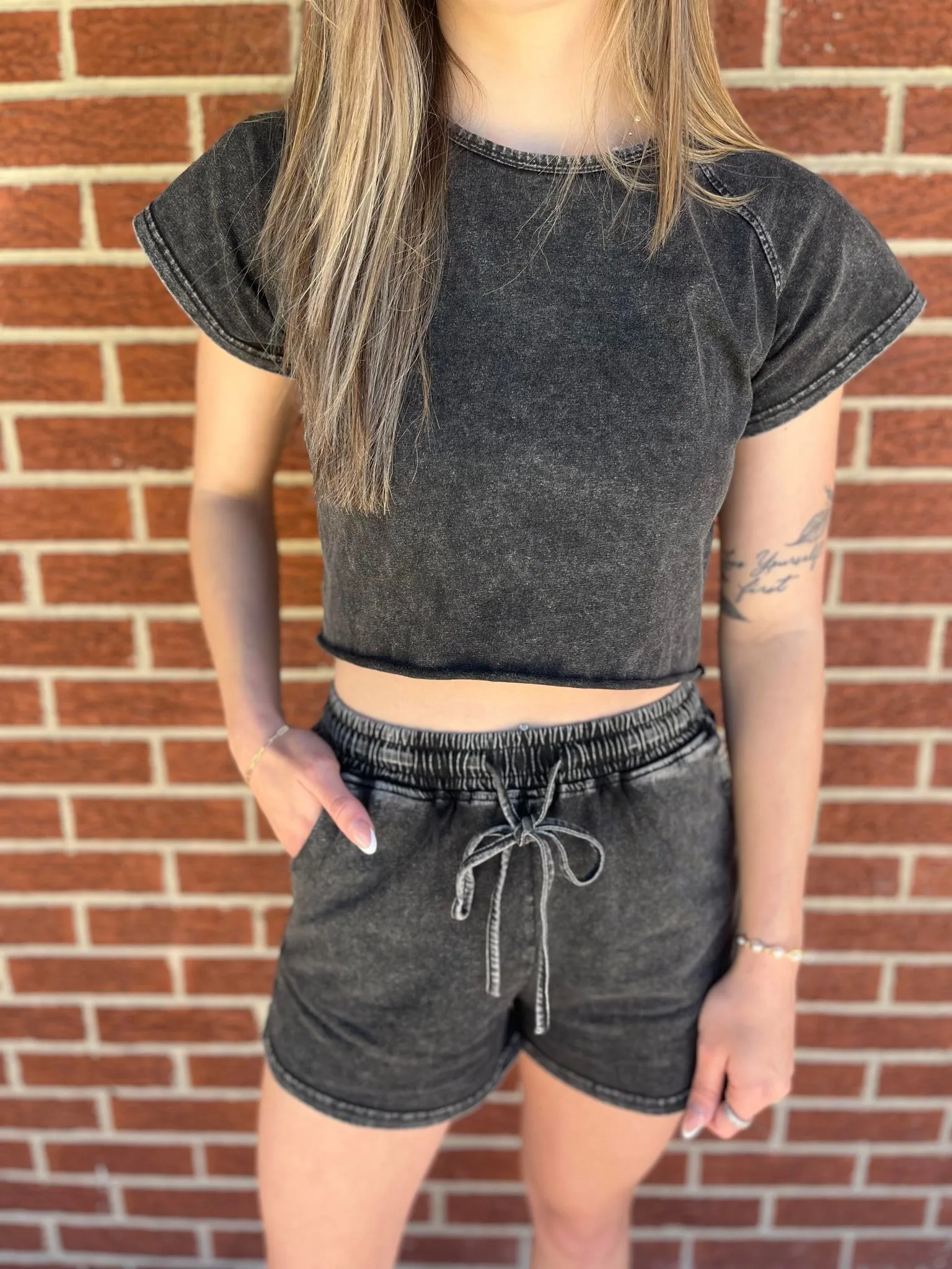 Black Acid Washed Short Lounge Set