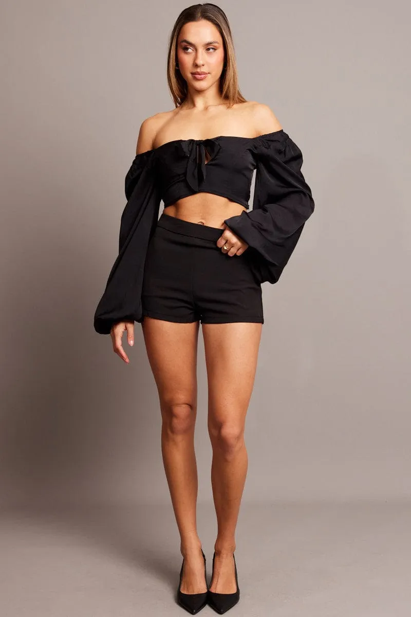 Black Bow Top Balloon Sleeve Satin Top