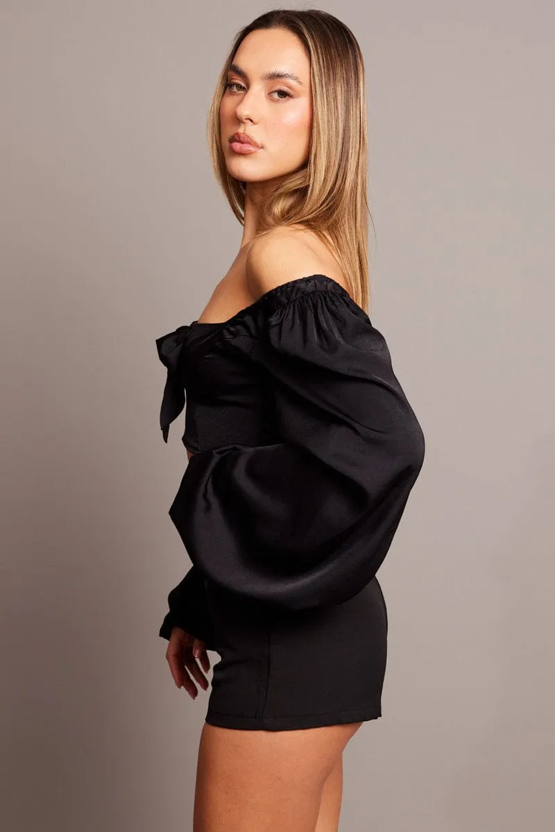 Black Bow Top Balloon Sleeve Satin Top