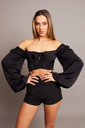 Black Bow Top Balloon Sleeve Satin Top