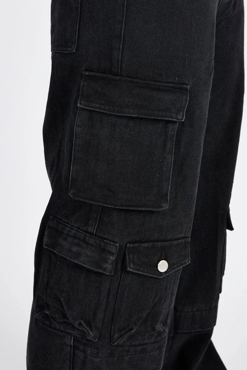 Black Cargo Denim Mid Rise Multi Pocket