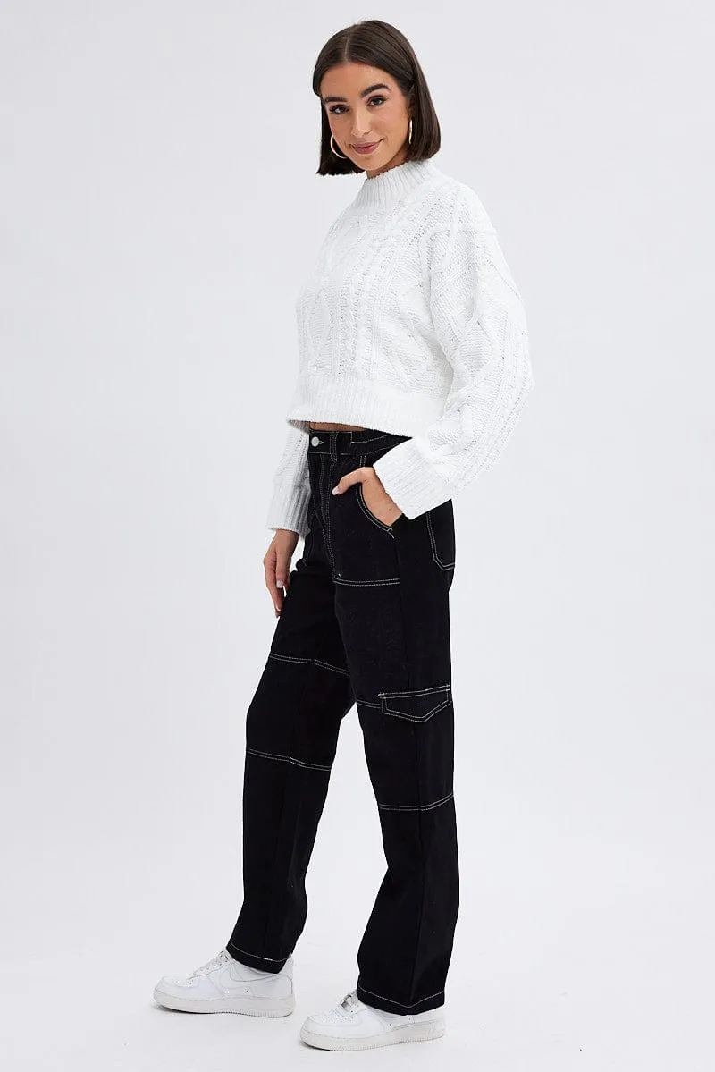 Black Cargo Jeans Straight Back Elastic Waist