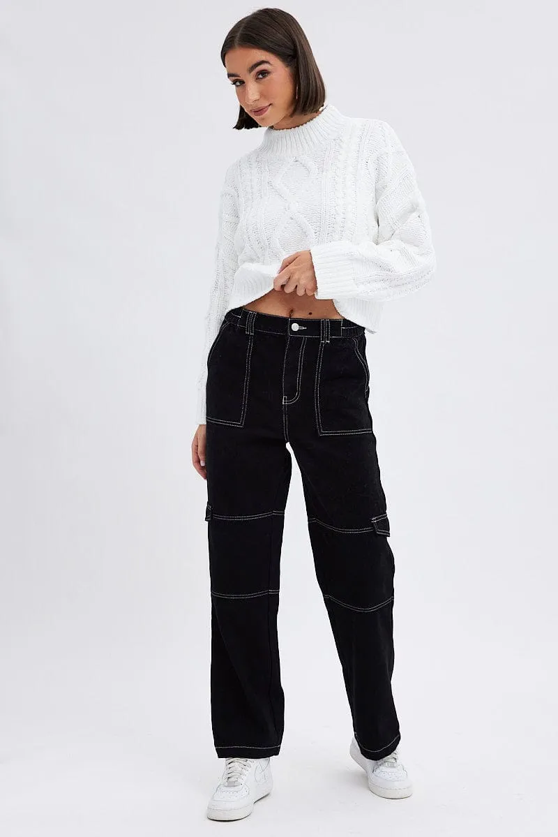 Black Cargo Jeans Straight Back Elastic Waist