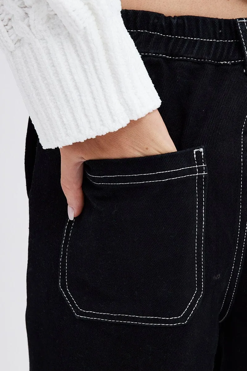 Black Cargo Jeans Straight Back Elastic Waist