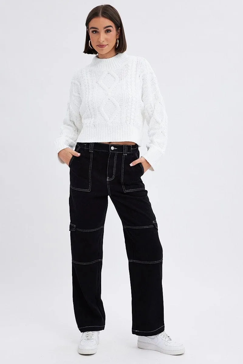 Black Cargo Jeans Straight Back Elastic Waist