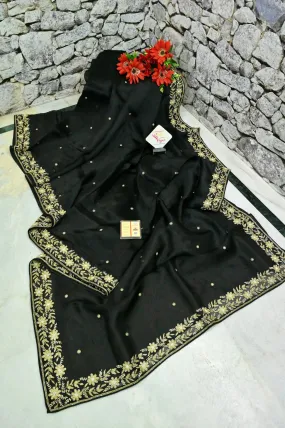 Black Color Organza Saree with Hand Zardosi Embroidery Work