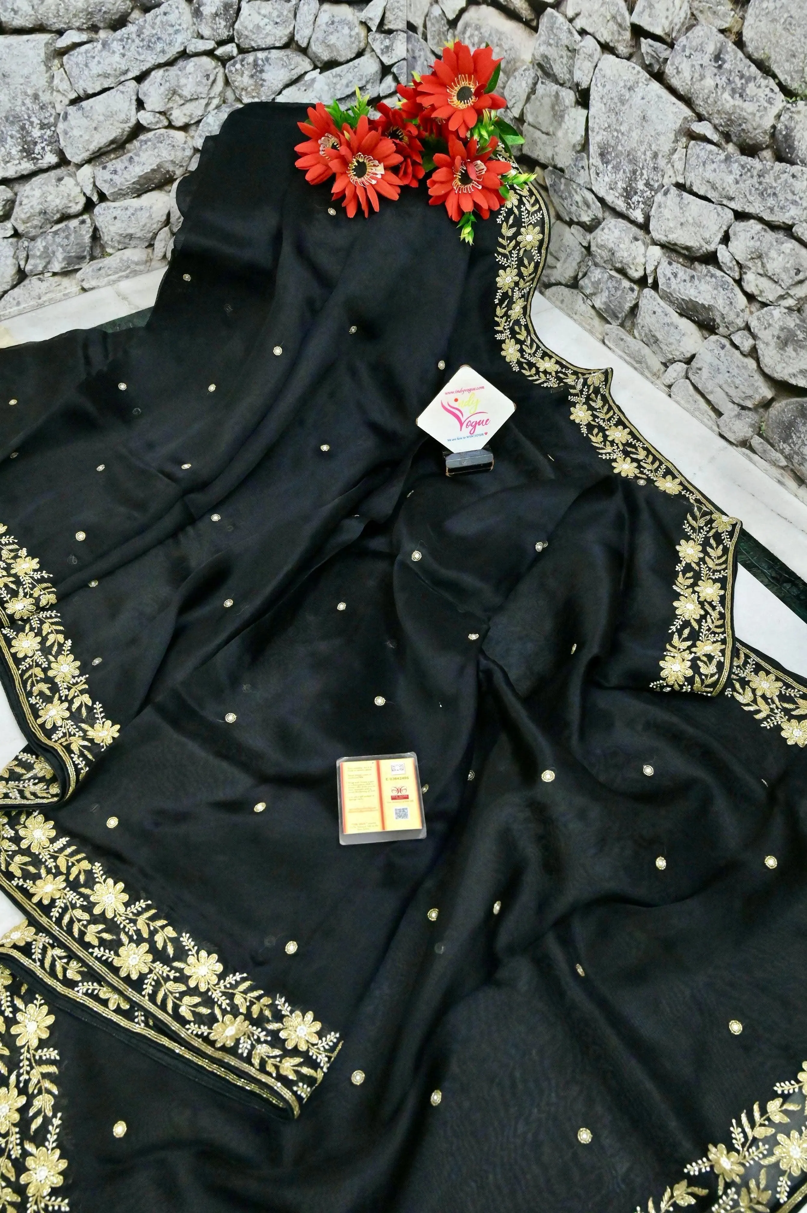 Black Color Organza Saree with Hand Zardosi Embroidery Work