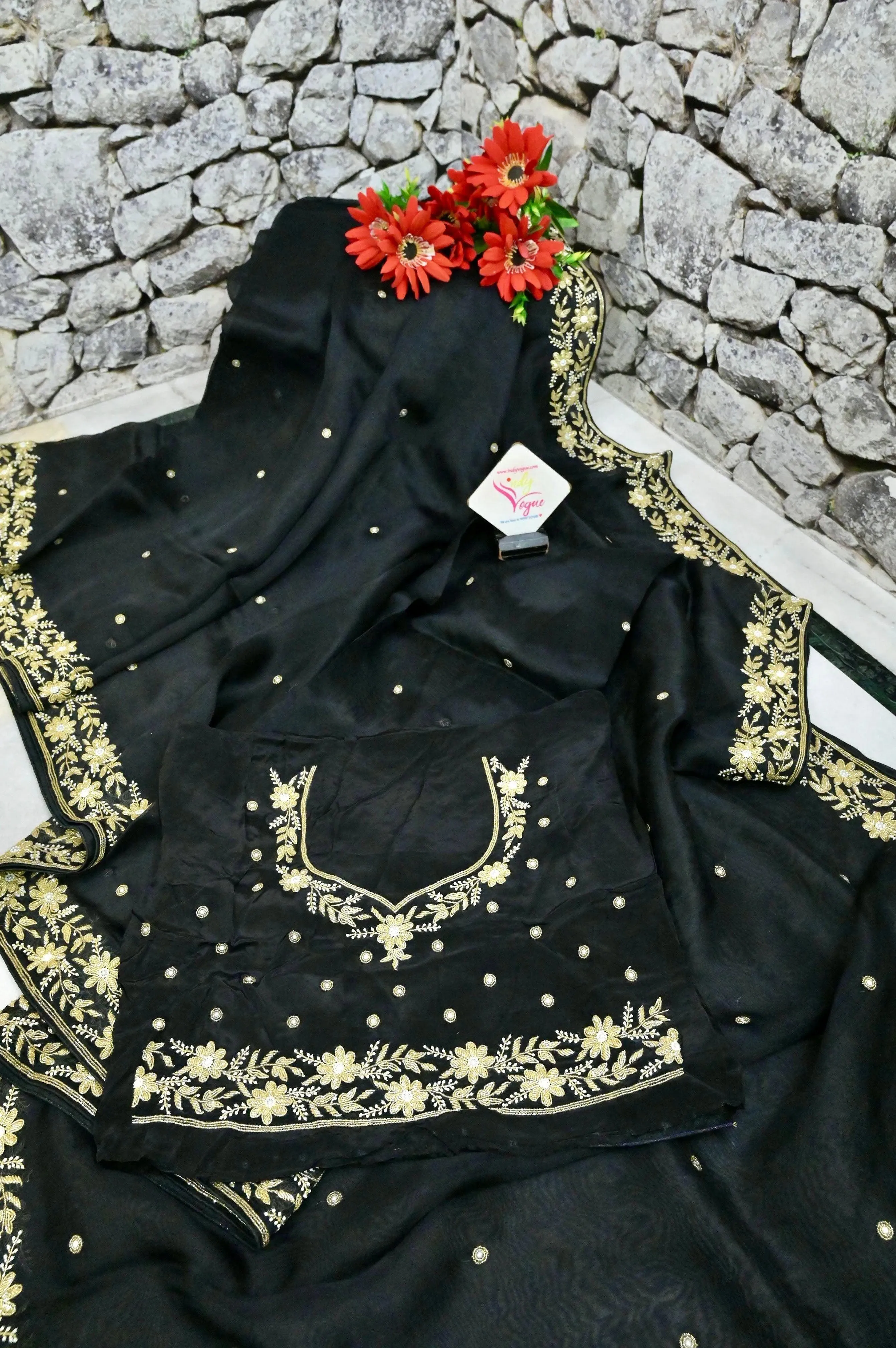 Black Color Organza Saree with Hand Zardosi Embroidery Work