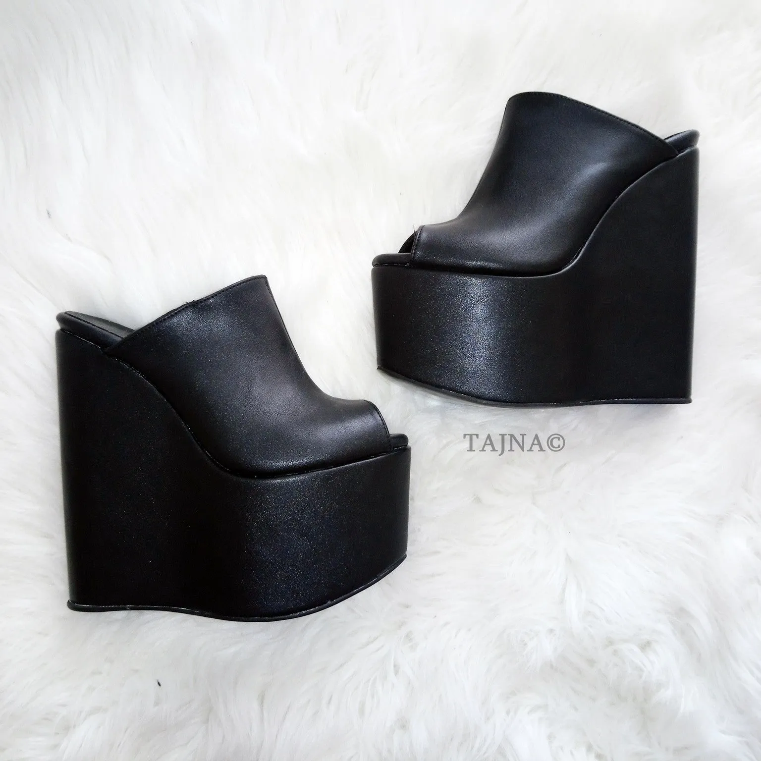 Black Faux Leather Peep Toe High Heel Wedge Mules