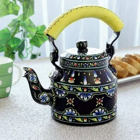 Black Floral Design Hand Painted Tea Pot in Aluminium