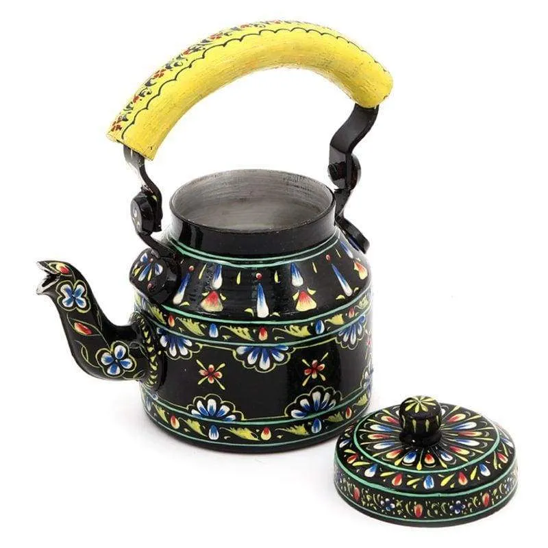 Black Floral Design Hand Painted Tea Pot in Aluminium