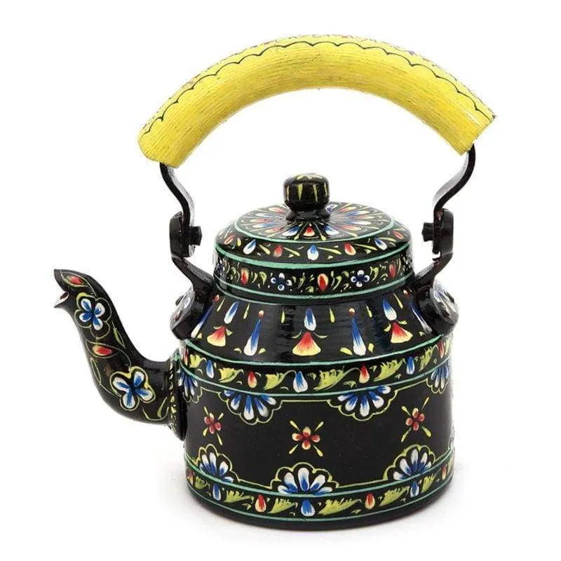 Black Floral Design Hand Painted Tea Pot in Aluminium