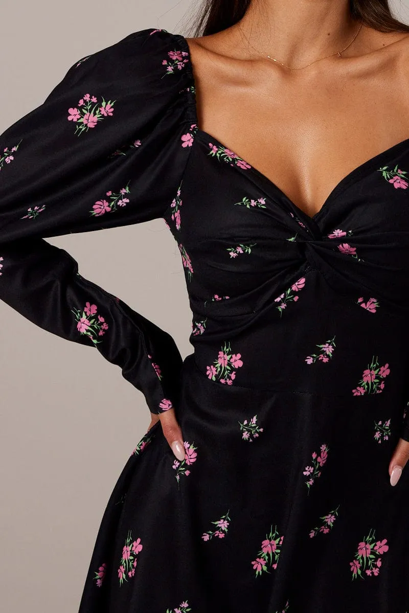 Black Floral Skater Dress Puff Sleeve Dress Swishy