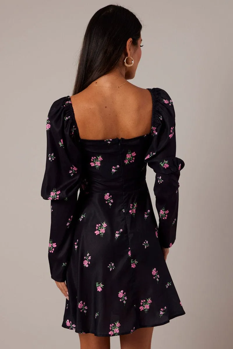 Black Floral Skater Dress Puff Sleeve Dress Swishy