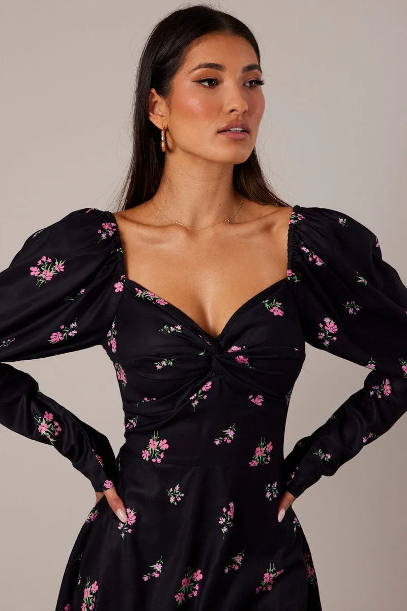 Black Floral Skater Dress Puff Sleeve Dress Swishy