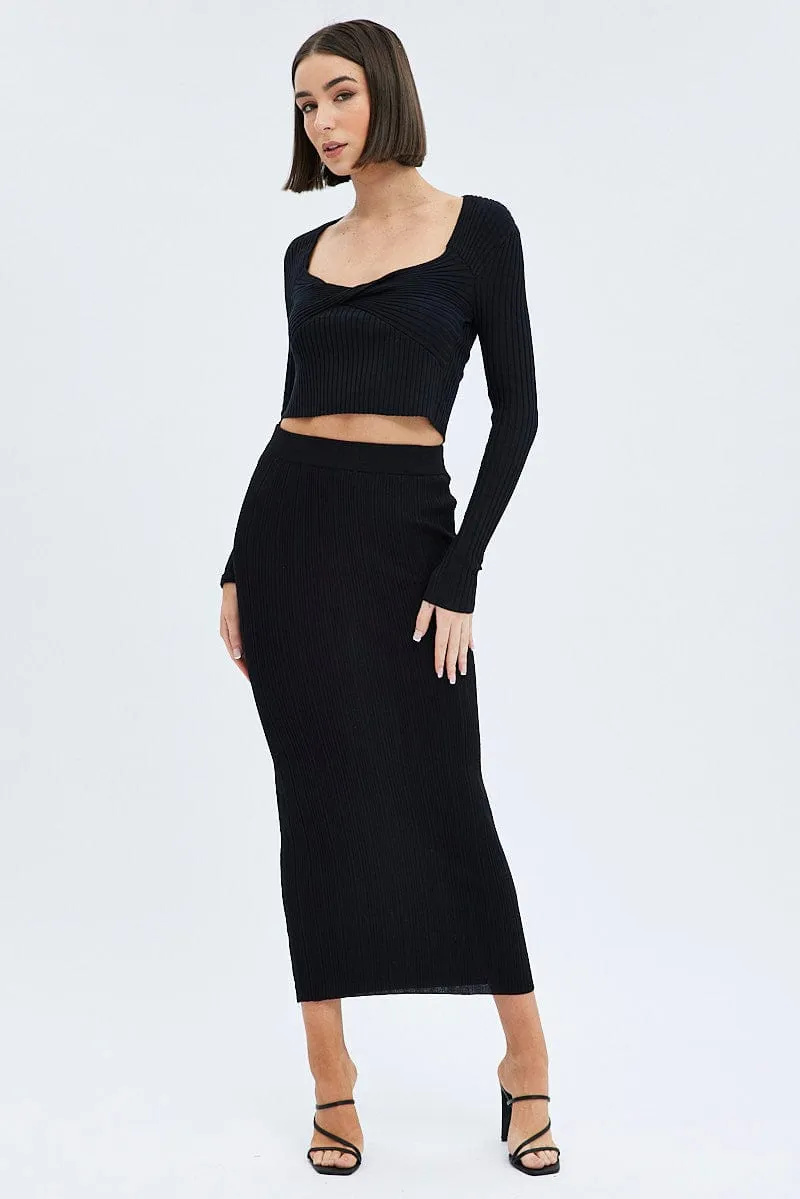 Black Knit Skirt High Rise Maxi