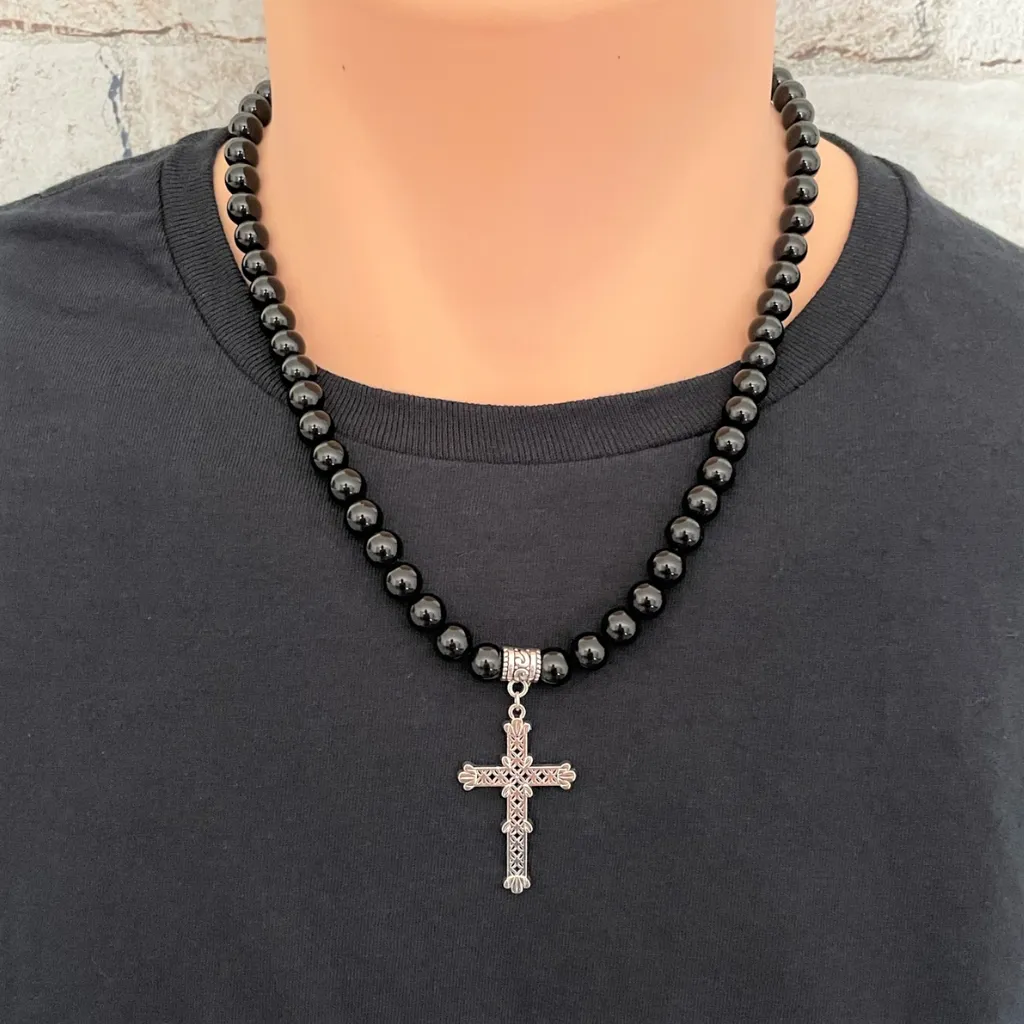 Black Onyx Mens Necklace With Large Silver Cross