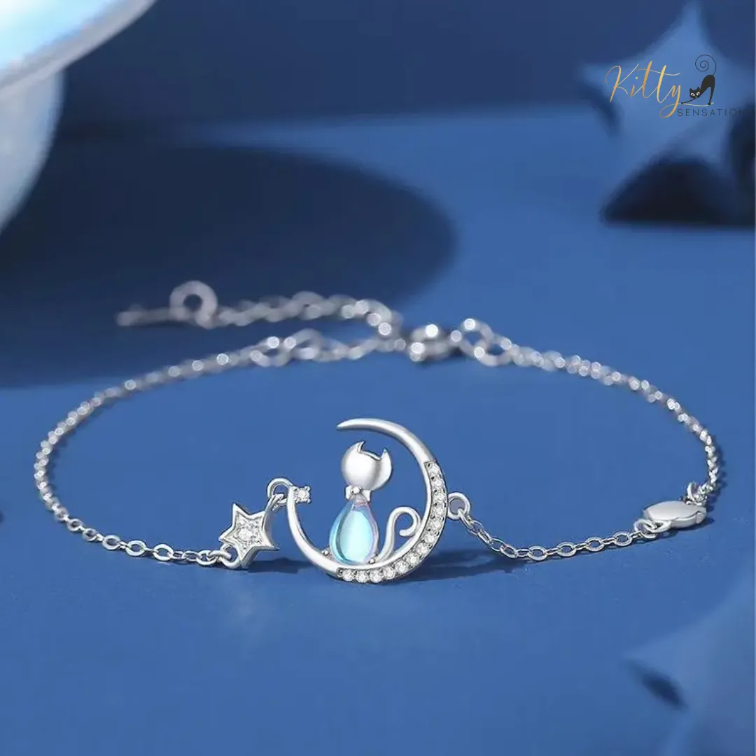 Blue Crystal Moon Kitty Bracelet in Solid 925 Sterling Silver (Adjustable Length)