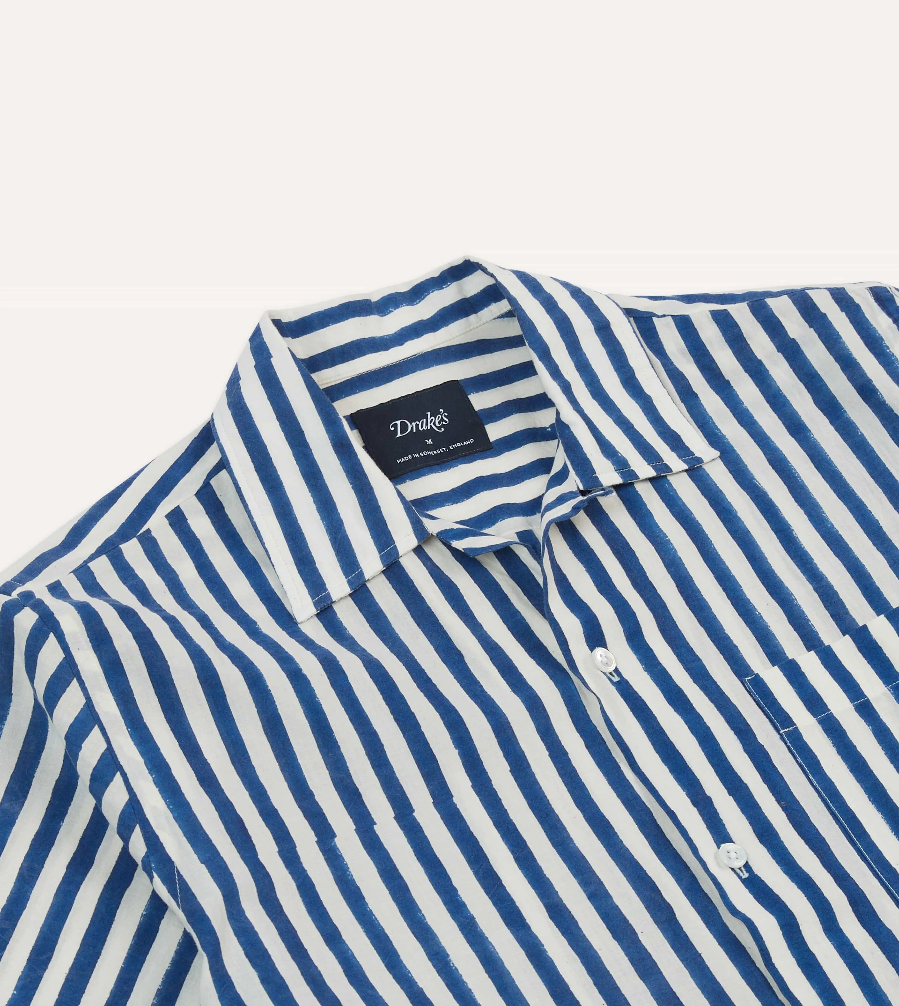 Blue Stripe Block Print Cotton Camp Collar Short Sleeve Shirt